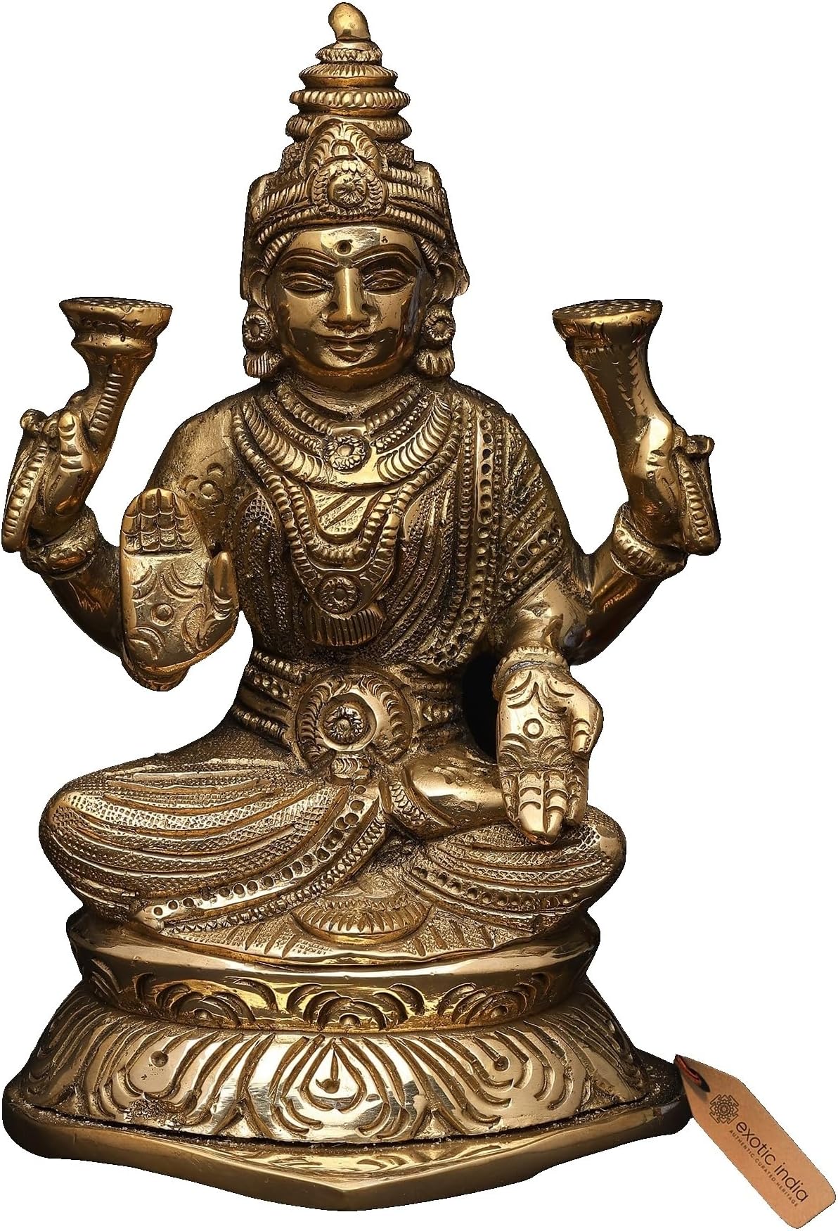 Exotic India 5" Small Four Arms Goddess Lakshmi Brass Statue | Dhan Devi of Prosperity Wealth Maa Laxmi for Puja Room, Home Décor, Office Desk Décor