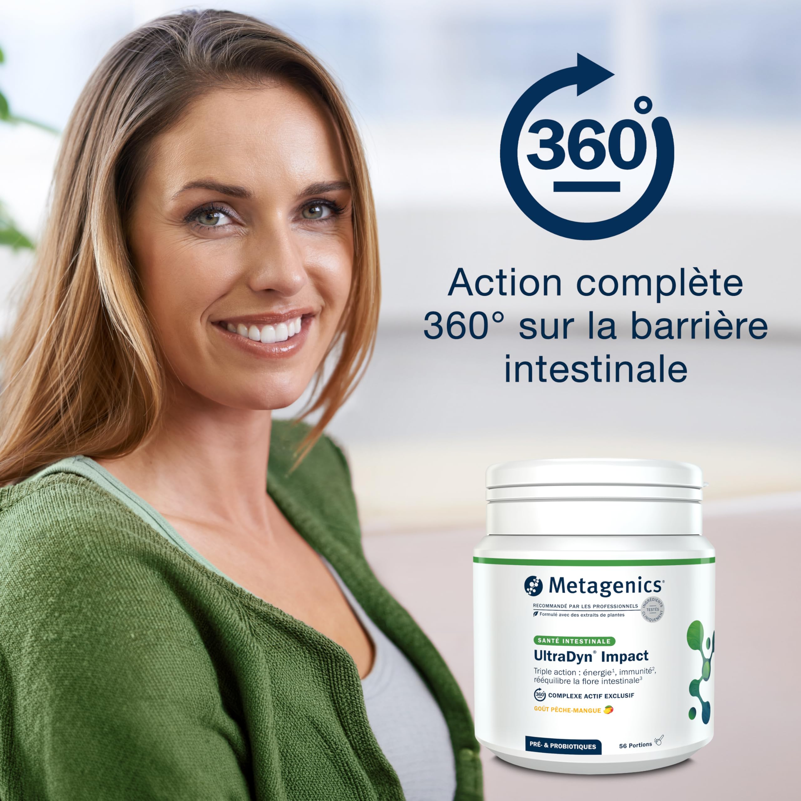 Metagenics UltraDyn Impact - Complexe Multi-Nutriments & Souches Microbiotiques, Protection contre le Stress Oxydatif, Saveur Mangue-Pêche, 56 Portions