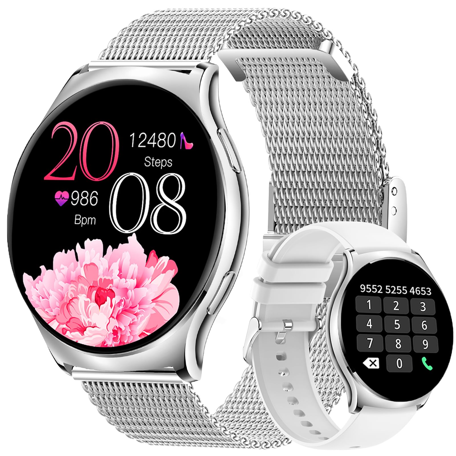 Reloj Inteligente Mujer Redonda con Llamadas - Smartwatch Mujer con Whatsapp, 1.46" Relojes Deportivo con 100 Modos Deportes, Seguimiento Menstrual, SpO2, Presión Arterial, Ritmo Cardíaco，Plata