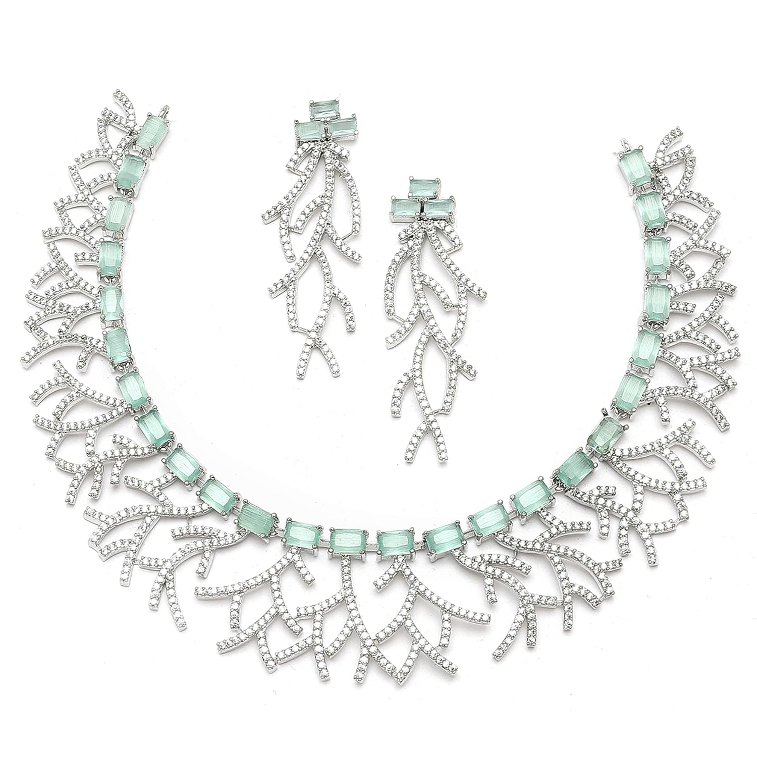 ZENEME Rhodium-Plated American Diamond Studded Eccentric Design Necklace With Earrings For Girls and Women
