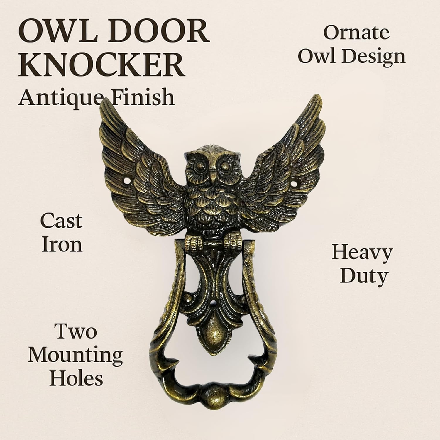 Owl Door Knocker – Heavy Duty Iron Door Handle with Antique Finish, 5.5" x 8" Vintage Front Door Knocker for Garden, Wooden House, Farmhouse & Home Décor