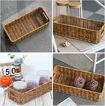 Rattan Woven Storage Basket Desktop Organizer in Coffee Colour, Imitation Rattan Material with Iron and Pp, Not Easy to Break Or Deform, for Table Decoration and Kitchen Decor