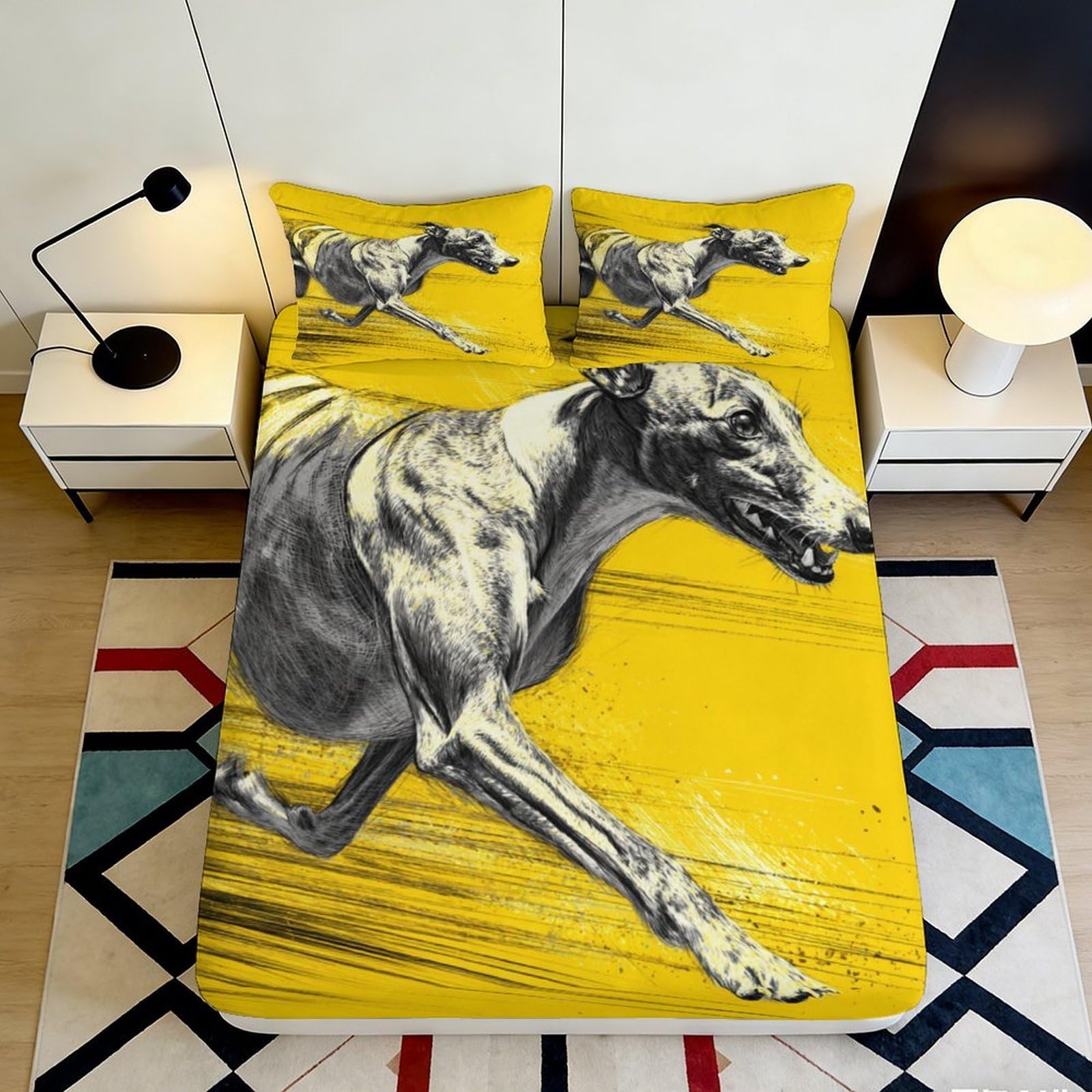 3D Printed Greyhound Runner Fitted Sheet Microfiber Yellow Art Dog Bed Cover for Bedroom Guest Room Mattress Protection 90x200x25cm