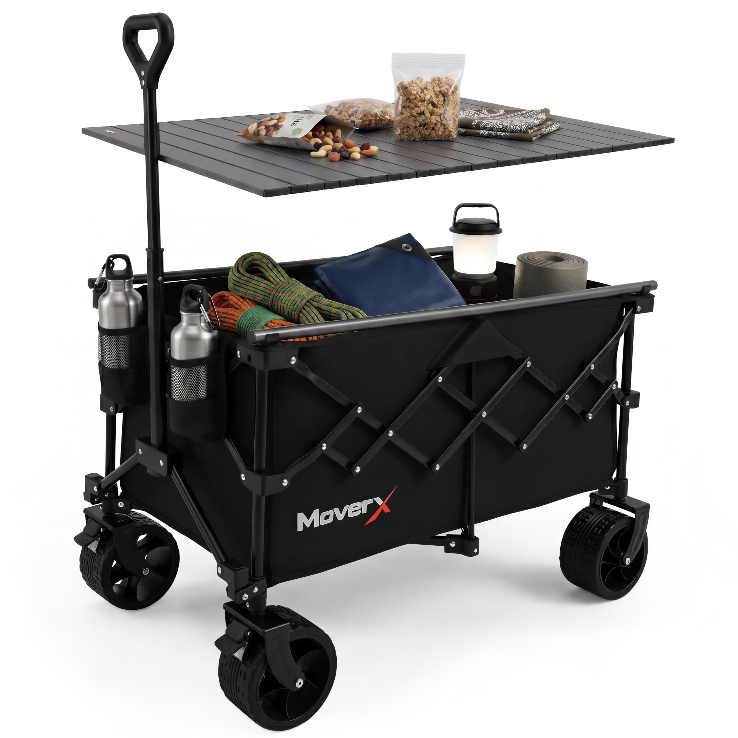 Moverx Black 200L Camping Trolley On Wheels, Table Folding Wagon, Portable Camping Cart, Foldable Trolly For Festival Beach Outdoor Garden Picnic Shopping Fishing, Wide Wheels, Adjustable Handle,