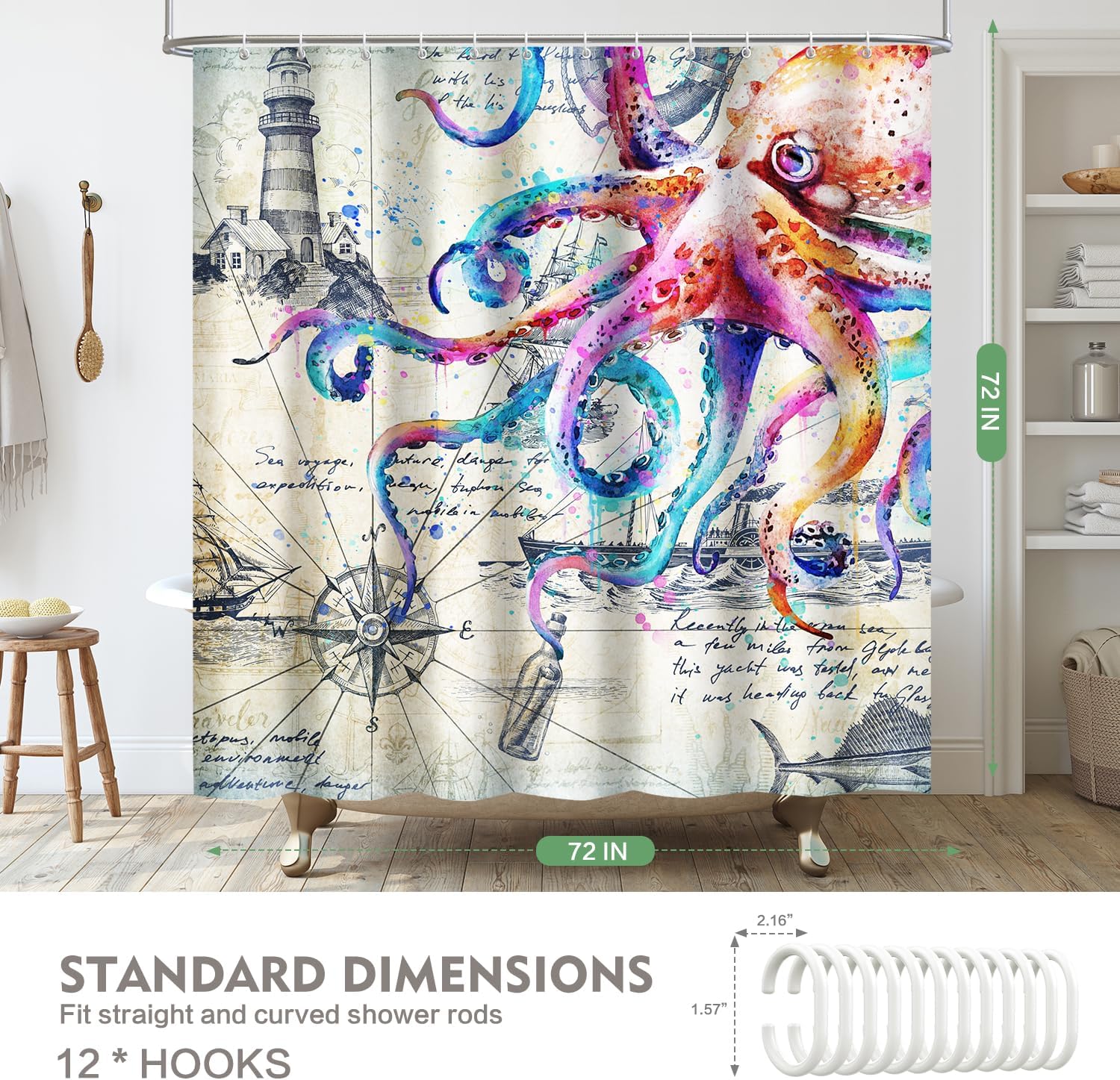 Lokigo Colorful Nautical Octopus Shower Curtain Funny Ocean Kraken Curtains for Bathroom Anchor Coastal Map Waterproof Fabric Set Cool Decor with Hooks, 72'' x