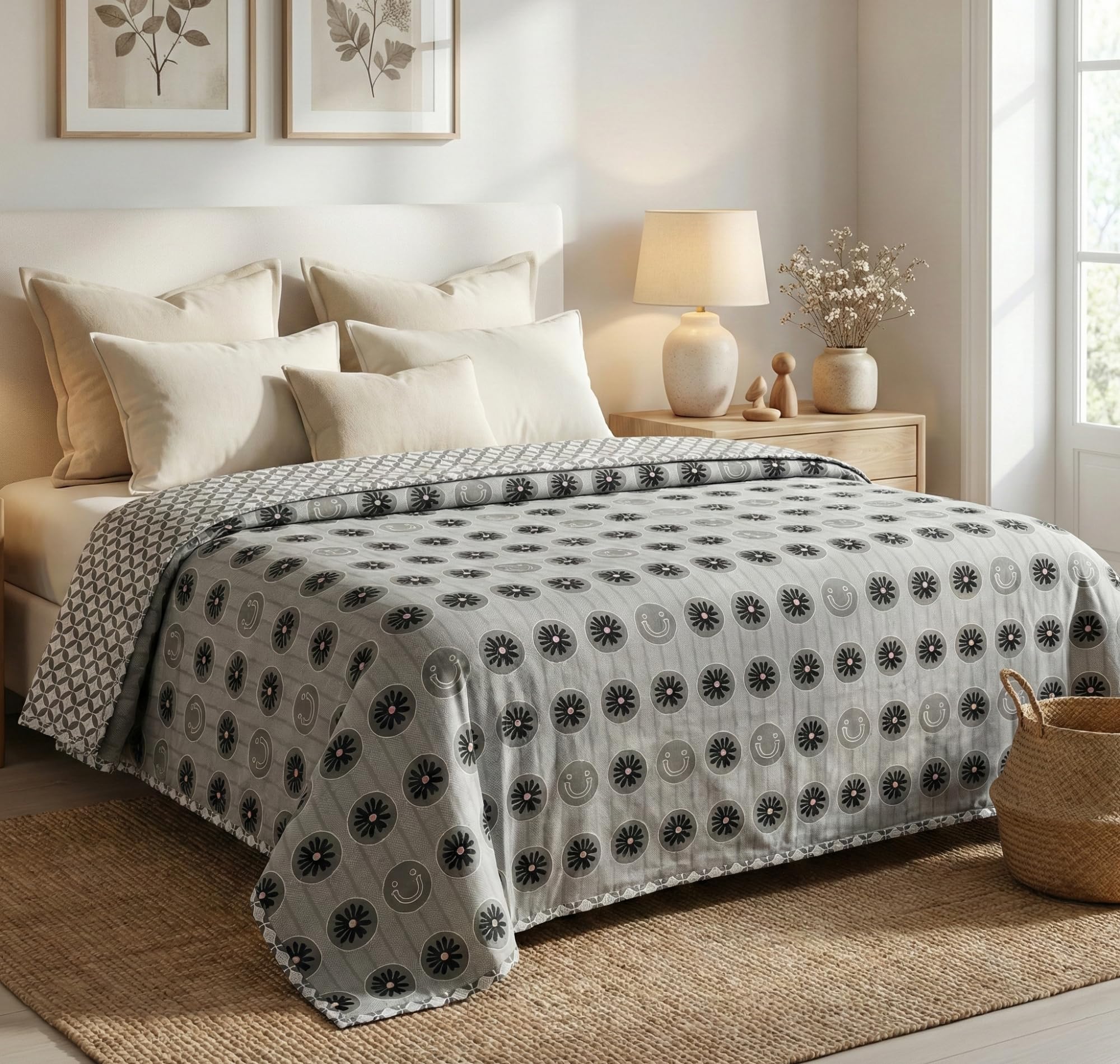 VAS COLLECTIONS Cotton AC Blanket for Double Bed (220×230 cm) | Reversible Soft Lightweight All-Season Blanket | Skin-Friendly & Breathable Comforter (Silver Blossom Grey)