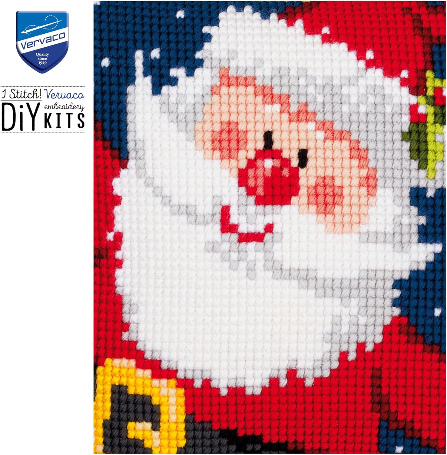 Vervaco Cross Stitch Christmas Pillow Kit TA-DAA Santa DIY Home Decor Stamped Embroidery Chunky Cross Stitch Cushion Craft Supplies ca. 16" x 16" Needlepoint Kits for Adults Creative Gift