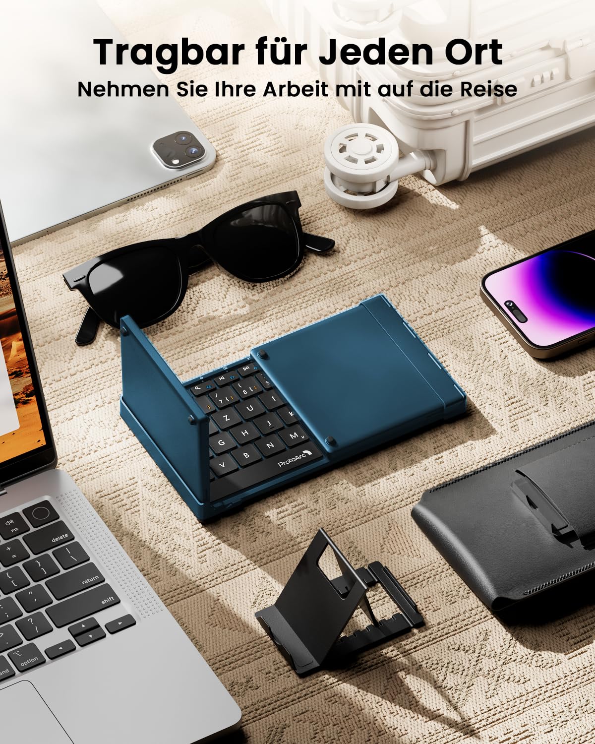 ProtoArc XK01 TP Klawiatura Bluetooth składana z touchpadem – QWERTZ niemiecki z gładzikiem, klawiatura iPad do iOS, Android, Windows Laptop PC Tablet – niebieska