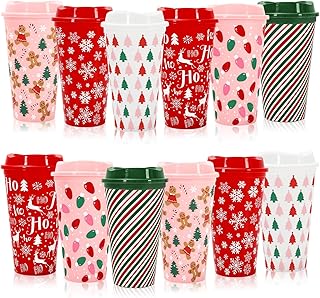 Whaline 12Pcs Christmas Plastic Cups Gifts 16oz Drinking Cup with Lids P...
