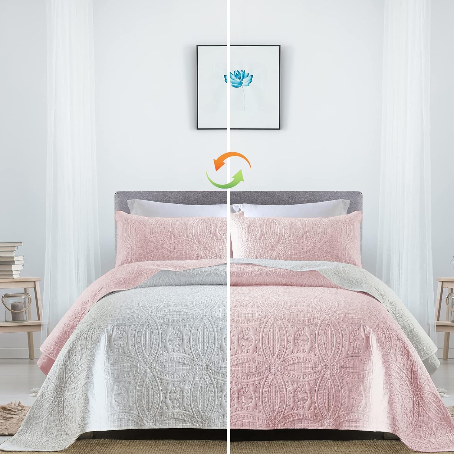 Boryard 3-Piece Queen Quilt Set, Lightweight Soft Reversible Full Size Quilt Bedspread Coverlet (90x90 inches) with 2 Pillow Shams (20x26 inches), Pink and White