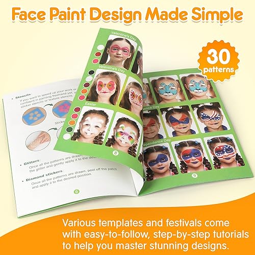 Miniatura 5 de Mocoosy Kit de pintura facial de 41 colores para niños, paleta de pintura facial no tóxica activada por agua con plantillas, pinceles, gemas, kit de