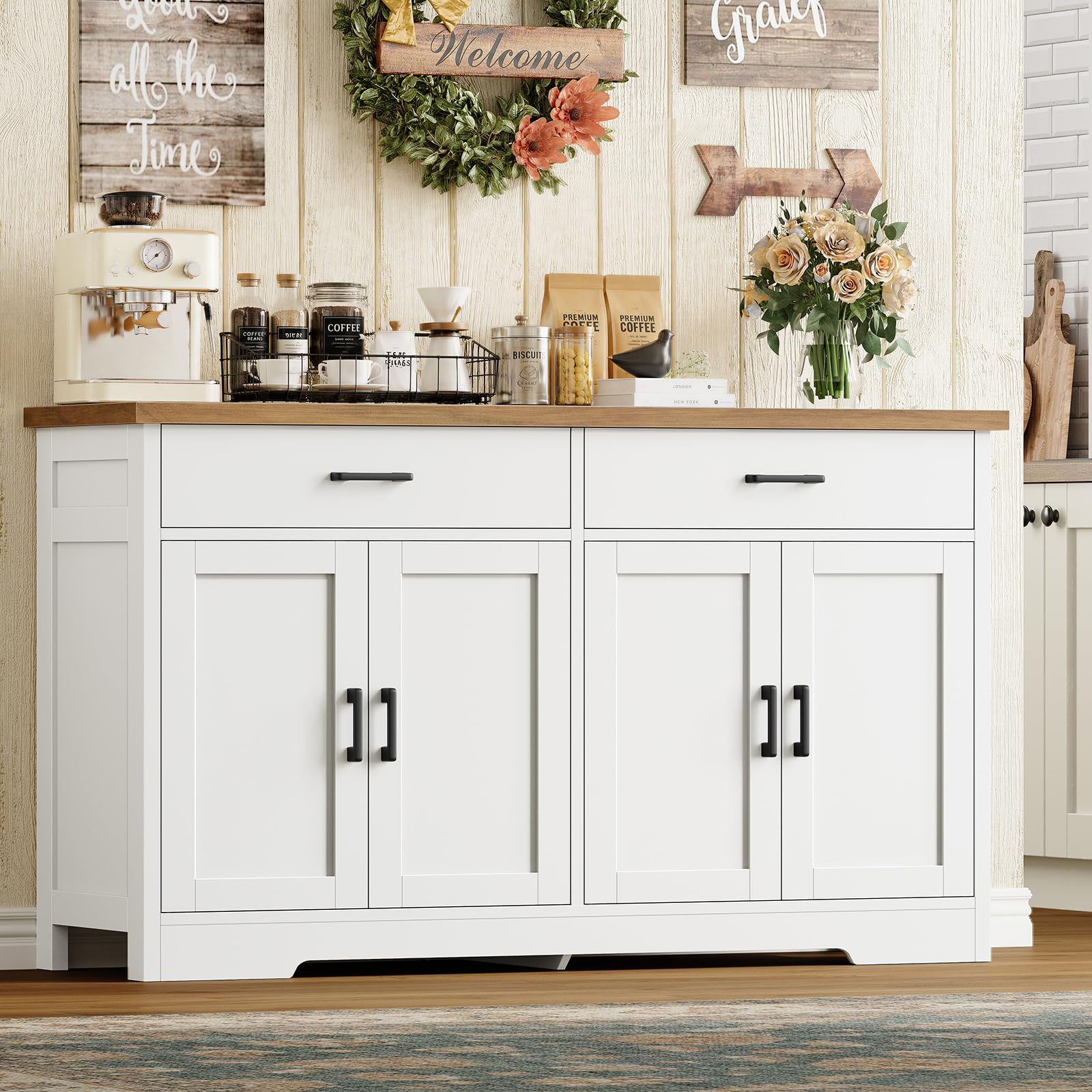 TEENFON 120 cm (B) Sideboard, 80 cm (H) Küchenschrank mit Arbeitsplatte, Buffetschrank mit 2 Schubladen & Verstellbaren Regalen, Küchenzeile für Küche, Wohnzimmer & Flur - 120 x 30 x 80 cm - Weiß