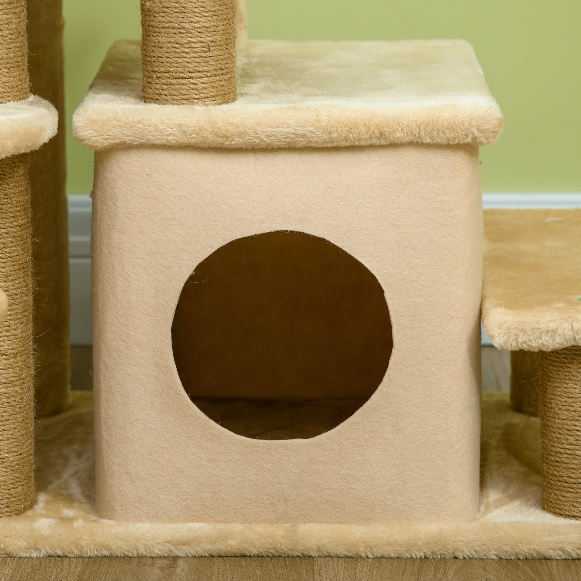 PawHut Hundetreppe 3/4 Stufen 66 cm Hoch Haustiertreppe mit Schlafhöhle, Rampe, Sipielball, Katzentreppe für mittelgroße Katze Hunderampe Einstiegshilfe für Bett, Sofa, Couch, Beige