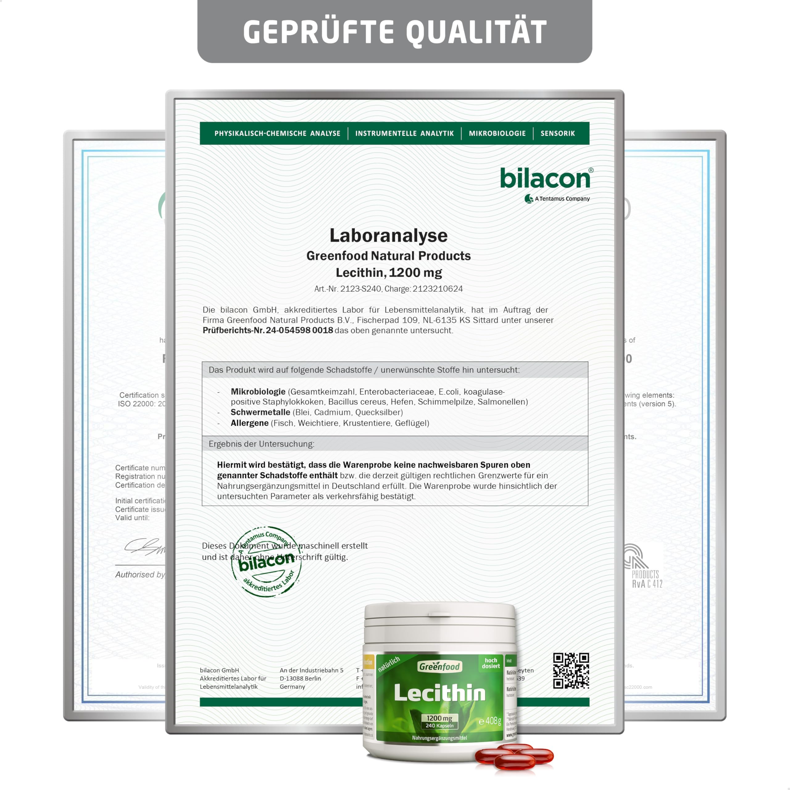 Lecithin, 1200 mg, 240 Kapseln, hochdosiert - OHNE künstliche Zusätze. Ohne Gentechnik. Softgel-Kapseln.