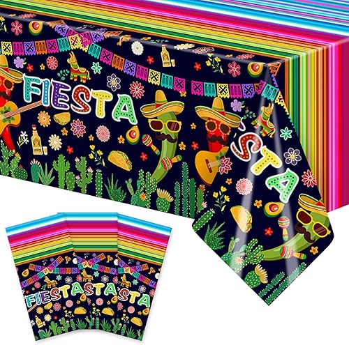 Miniatura 16 de 3 piezas de mantel de 54 x 108 pulgadas para fiesta del Cinco de Mayo - patrones de rayas coloridas mexicanas, mantel de plástico rectangular