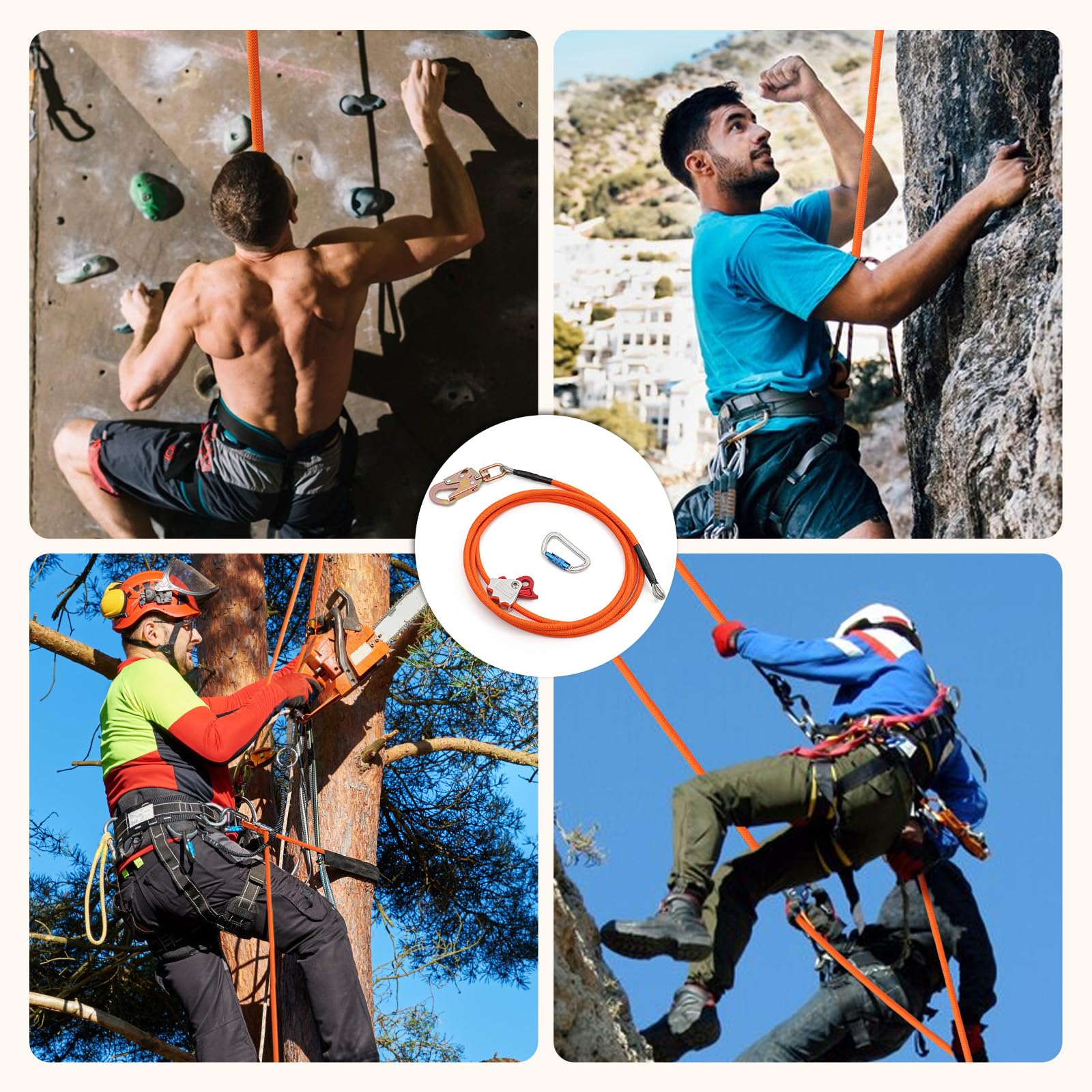 Cable de alambre de acero, kit de cordón de posicionamiento de arborista de protección contra caídas | Arborist - Equipo de escalada de árboles con gancho giratorio, mosquetón de triple bloqueo y ajustador de cuerda
