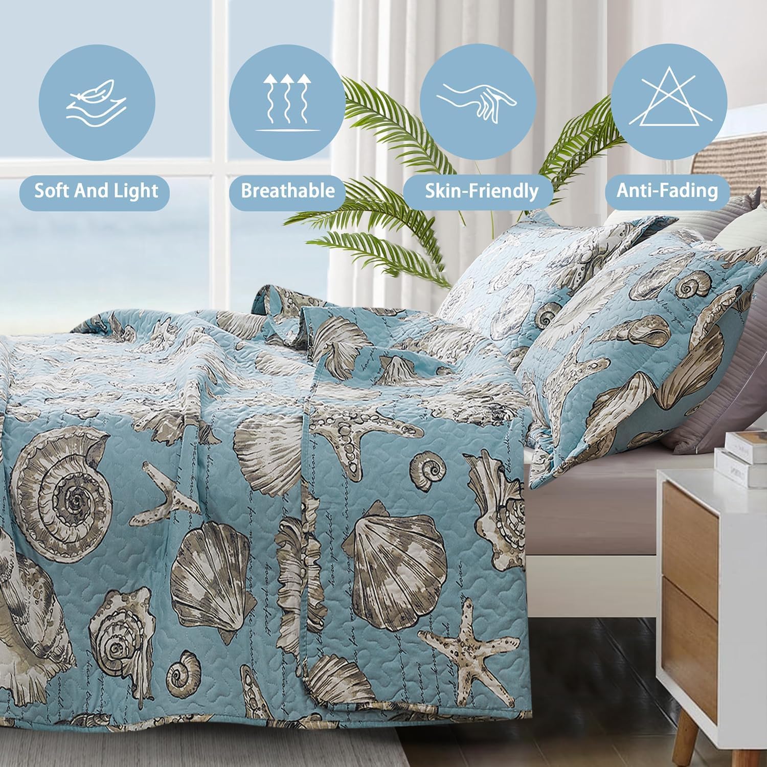 Ycosy Coastal Quilt Set King Size Ocean Themed Bedding Summer Beach Quilts Set Lightweight Reversible Bedspread Coverlets Seashell Starfish Seaweed Bed Spread Soft Home Bed Cover with 2 Pillow Shams