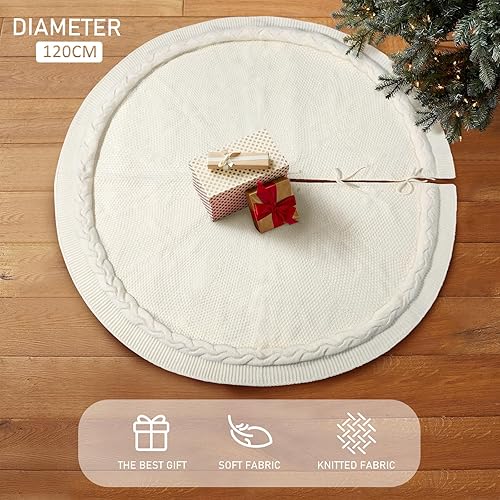 Miniatura 5 de Falda de punto para árbol de Navidad de 48 pulgadas, falda de árbol de Navidad de punto trenzado color crema, decoración de falda de árbol de