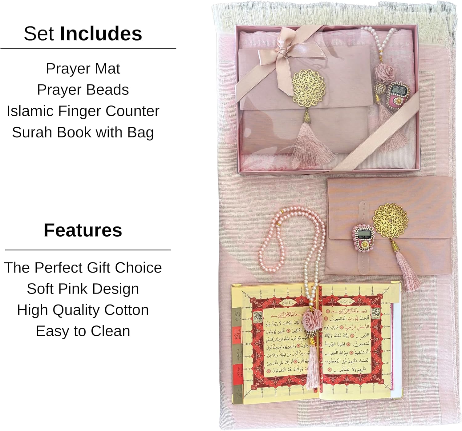Prayer Mat Set for Women, Muslim Prayer Rug, Prayer Mat, Islamic Finger Counter, Prayer Beads, Surah Book with Bag, Islamic Gift Set for Ramadan & Eid (Pink)