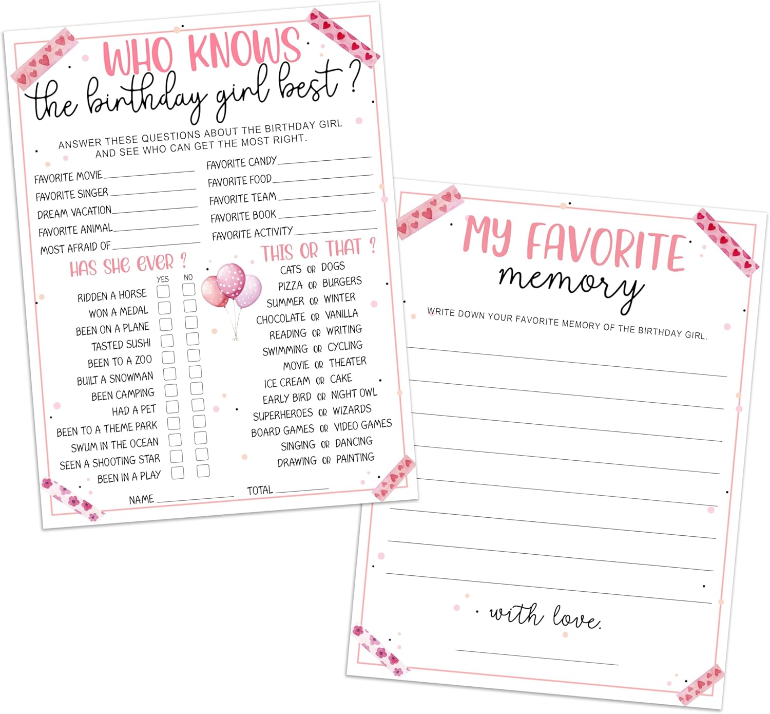 Pink Gifts & Flag Birthday Party Games Cards-Who Knows The Birthday Girl Best & My Favorite Memory Activity Themed - 20PCS 3-in-1 Game Cards- 6"X8" Party Decorations & Supplies for Girls-A05