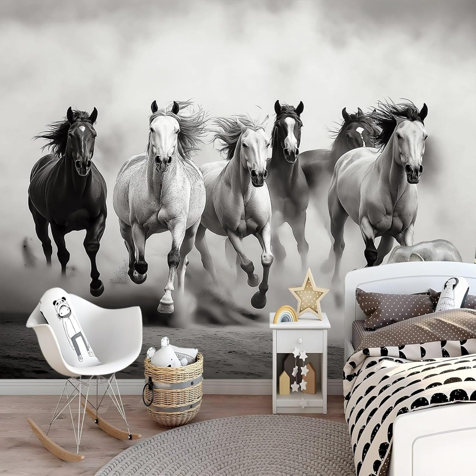 hgjdjhnf Black and White Horse Animal Photo Wallpaper Decorative Pattern for Living Room Bedroom Office Hallway 350cm x 256cm