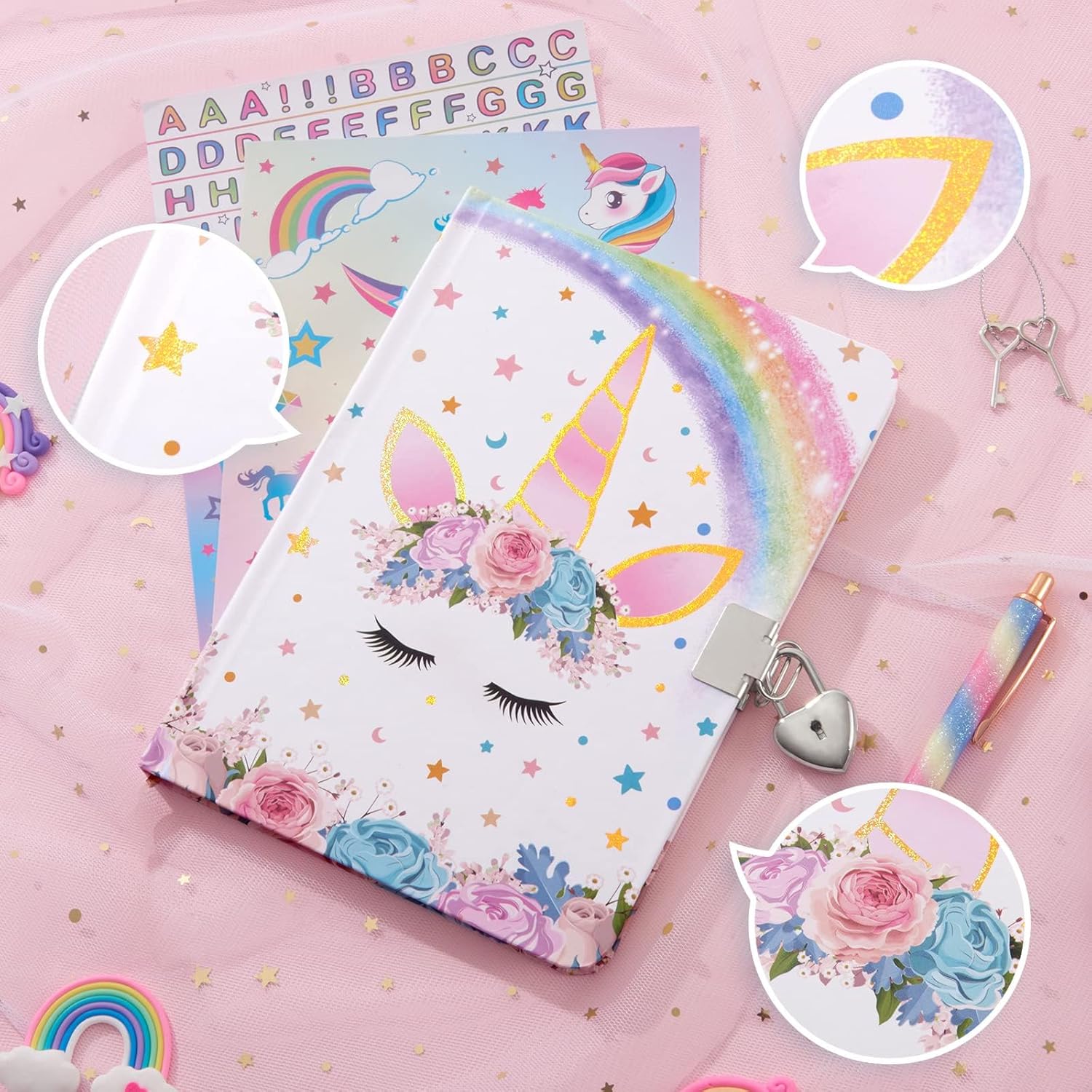 WERNNSAI Unicorn Kids Diary for Girls, Secret Diary with Lock Keys, Journal Notebook with Pen Stickers Birthday Christmas Gift for Girls, School Travel A5 Lined Writing Drawing Notepad