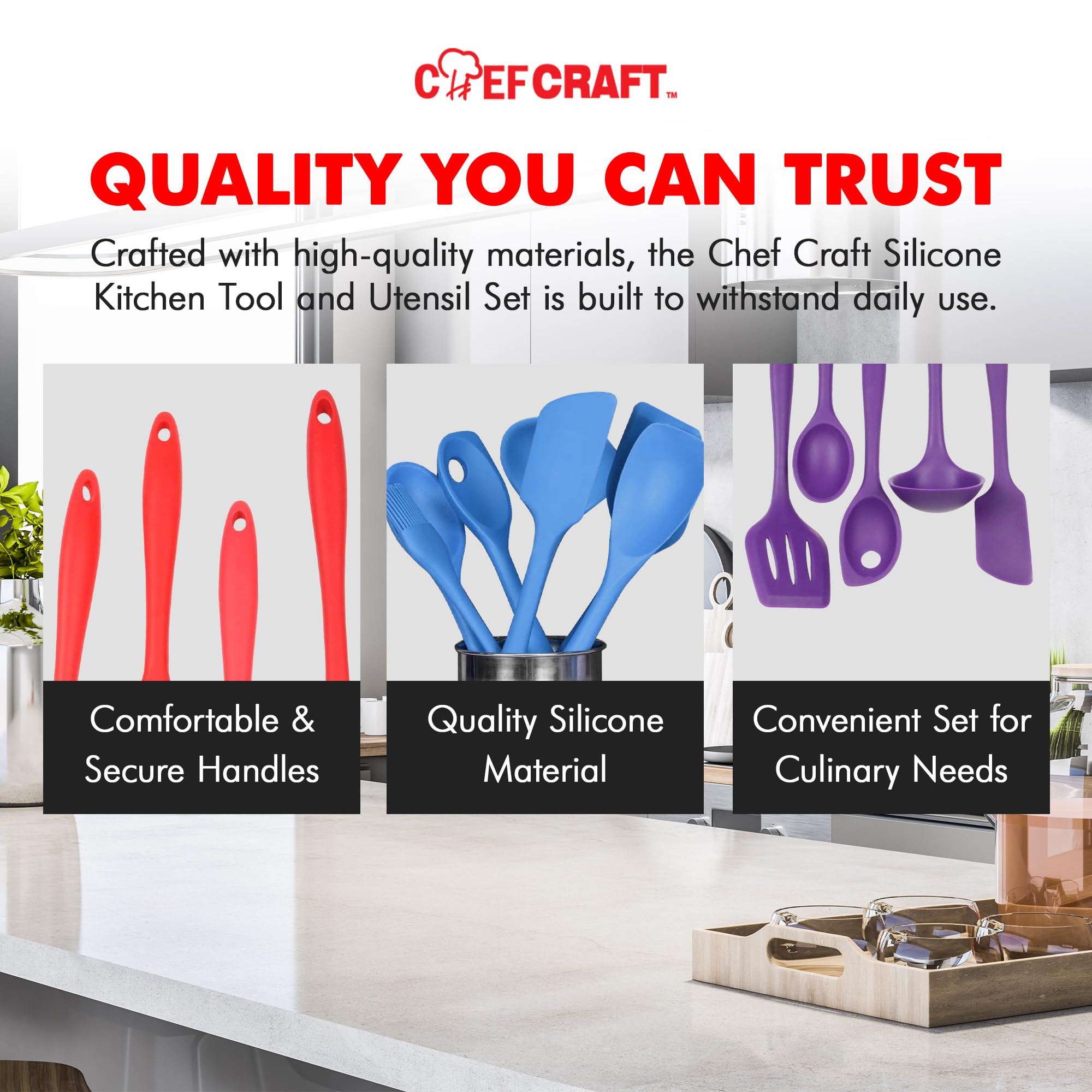 Chef Craft Juego de utensilios y utensilios de cocina de silicona premium, 5 piezas, gris