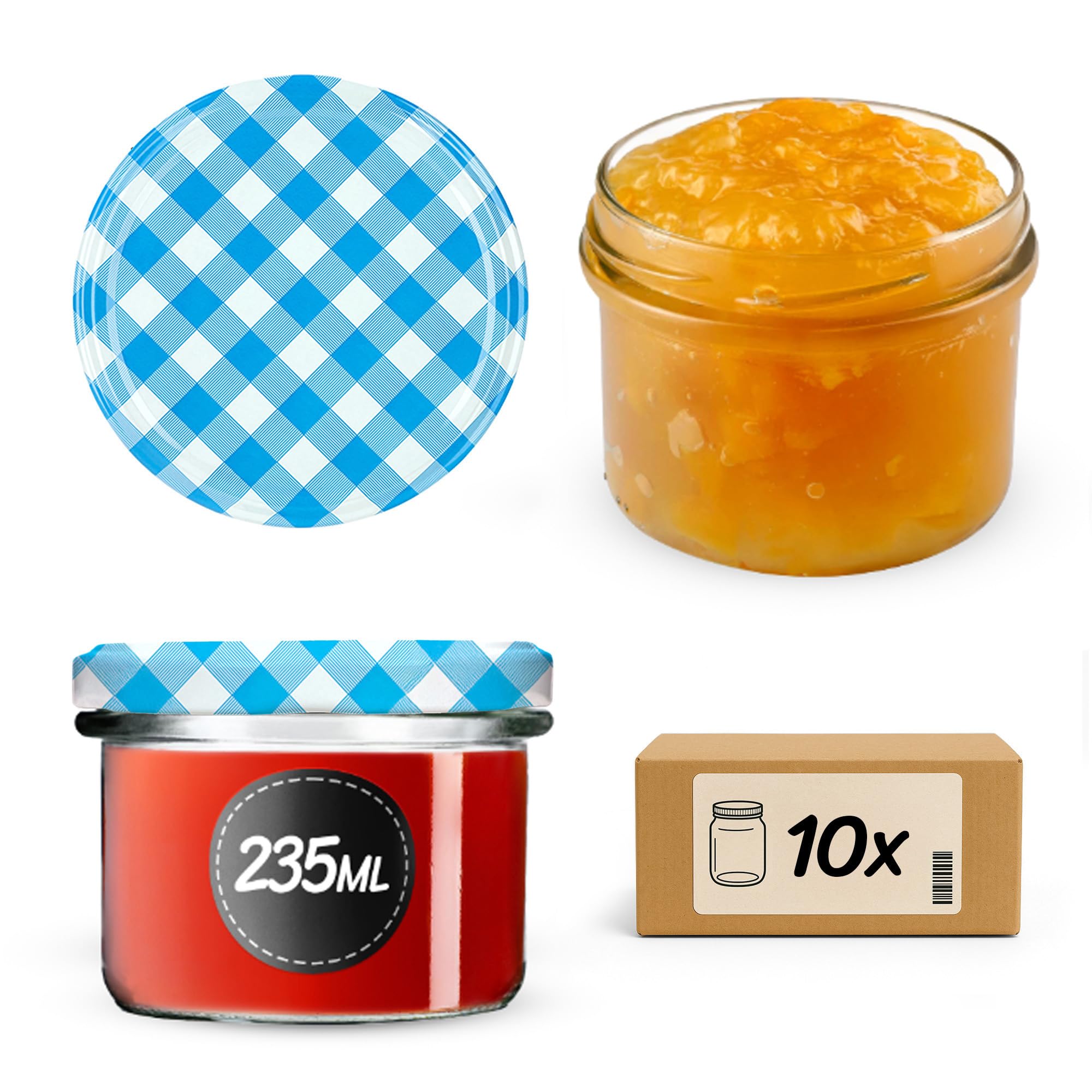 KADAX Glass Jars 235 ml, Small Preserving Jars with Metal Lids for Homemade Jam, Marmalade and Honey, Jars for Storing Spices and Herbs (Blue Grid, Set of 10)