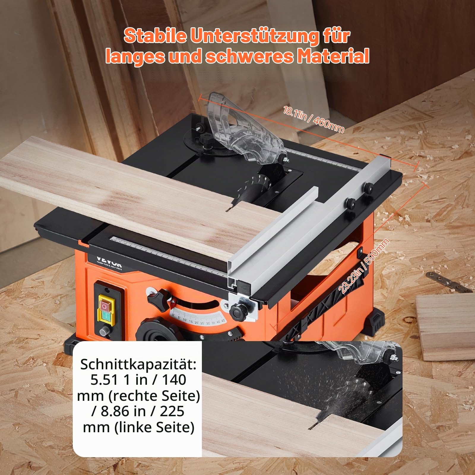 VEVOR Tischkreissäge, 210 mm, 1200 W Baukreissäge, 225 mm max. Schnittkapazität, 4800 U/min Schnittgeschwindigkeit, mit 24-Zahn-Sägeblatt, Gehrungsanschlag, für Heimwerker-Holzbearbeitung & Möbelbau