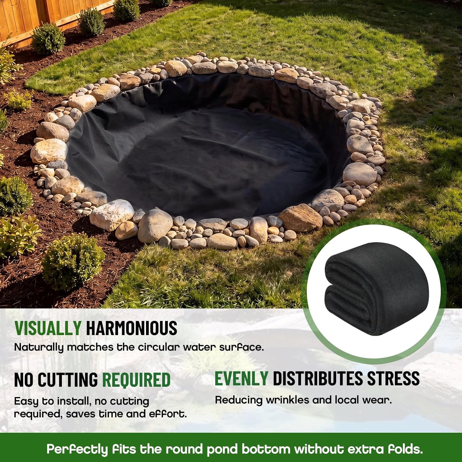 Fanfanwin 12 ft Round Pond Liner Underlayment 6oz Heavy Duty Black Non Woven Geotextile Underlayment Fabric with 10 U-pins for Outdoor Pond Streams Fountains Garden Waterfalls Fishpond Weed Barrier