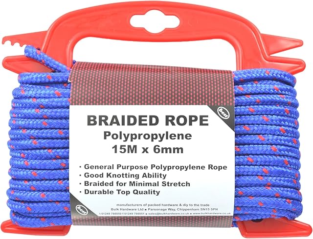 Merriway BH03166 Braided Blue Polypropylene Rope on Hand Reel, 15M x 6mm (48.3/4 ft x 1/4 inch)