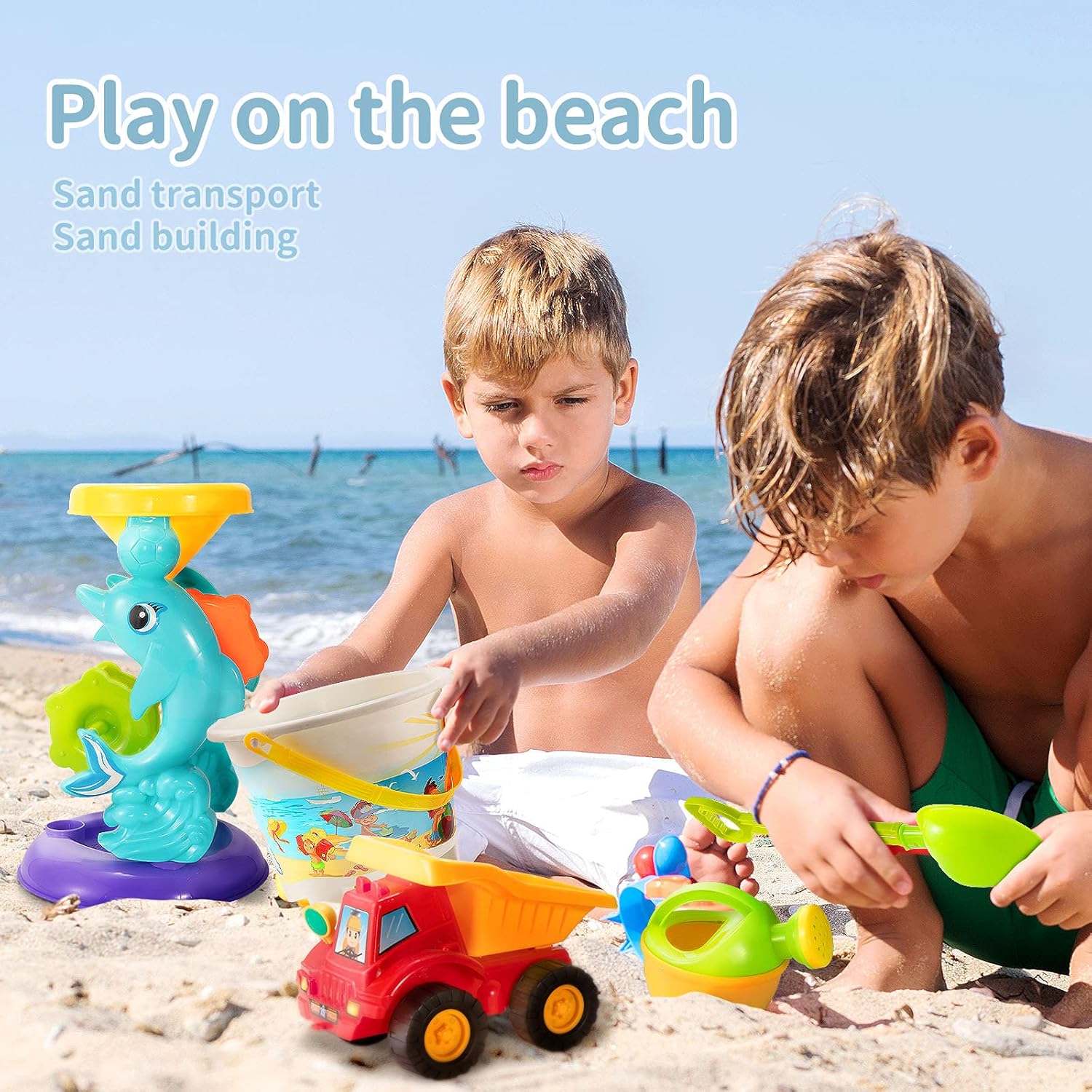 TEMI Kids Beach Sand Toys Set - 11PCS Outdoor Sandbox Toys with Bucket, Water Wheel, Dump Truck, Shovels, Rakes, Watering Can and Molds, Summer Outdoor Toys Gifts for Toddler Boys Girls : Toys & Games
