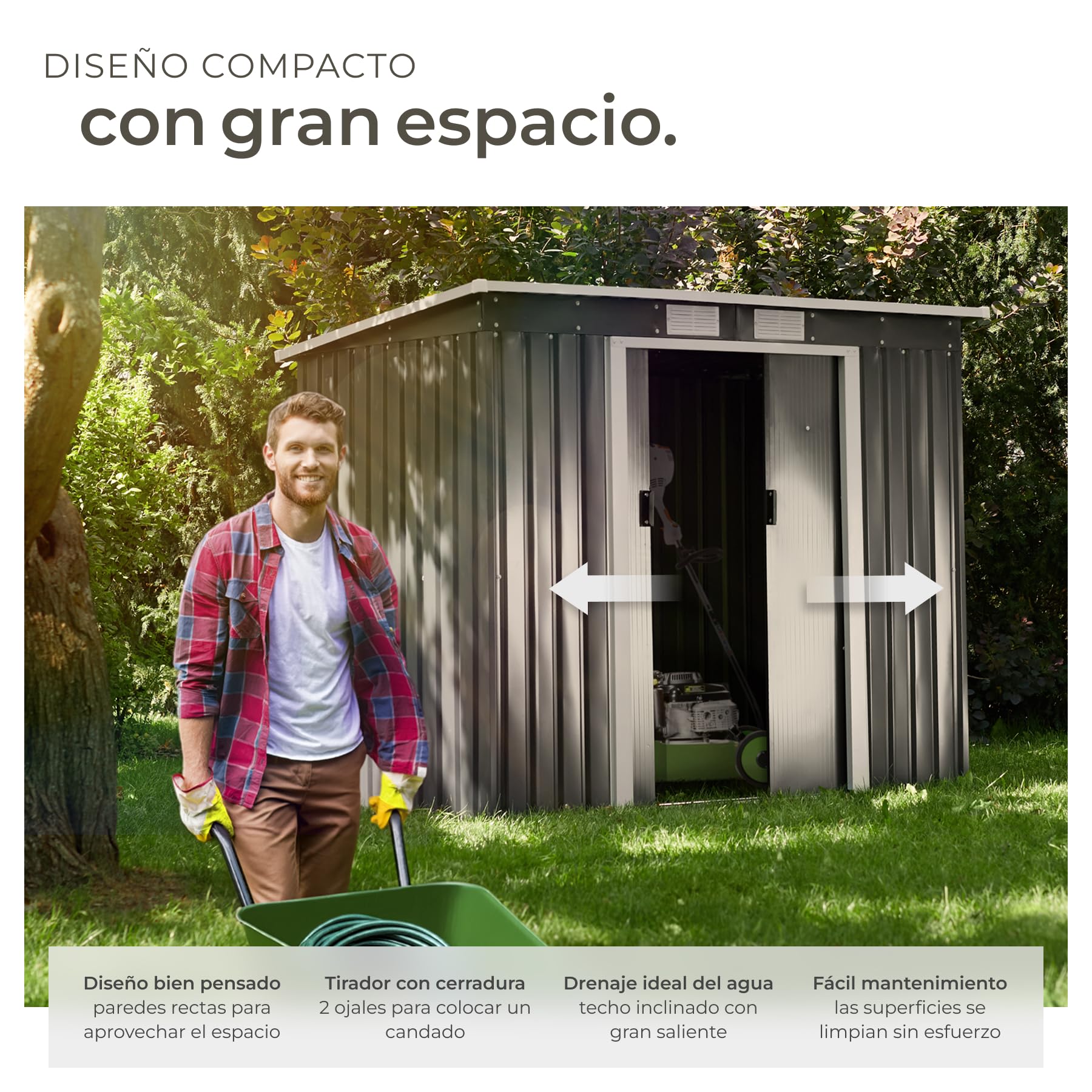 tectake® Cobertizo Jardín Metálico, Caseta Jardin Exterior, Almacenaje Herramientas Jardín, Bicicletas, Armario Jardin Exterior Metálico, Puerta Corredera, Seguridad Candado - Gris/Blanco
