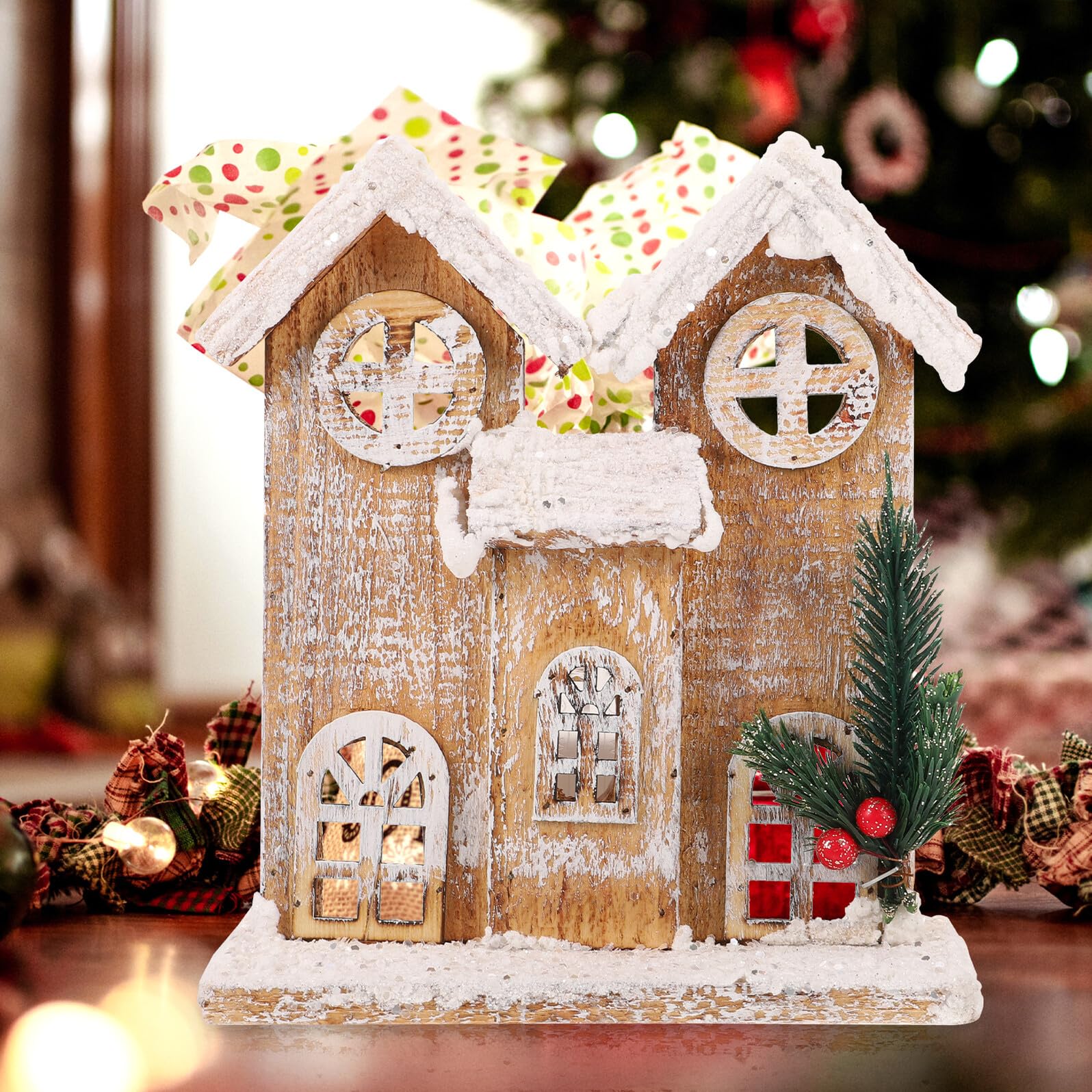 STOBAZA Adorno Navideño de Casa de Madera Pequeña Luz Nocturna Integrada Decoración Navideña sin Pilas Miniatura Efecto Nieve para Ambiente Festivo y Sala de Estar