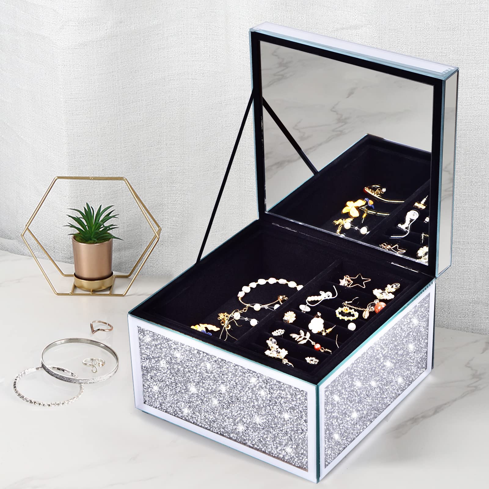 MOMNGNEMOMNGNE Bling Crystal Silver Crushed Diamond Glass Mirrored Jewelry Box, Organizer Display Storage Case for Rings Earrings Necklace, Jewelry Boxes for Women