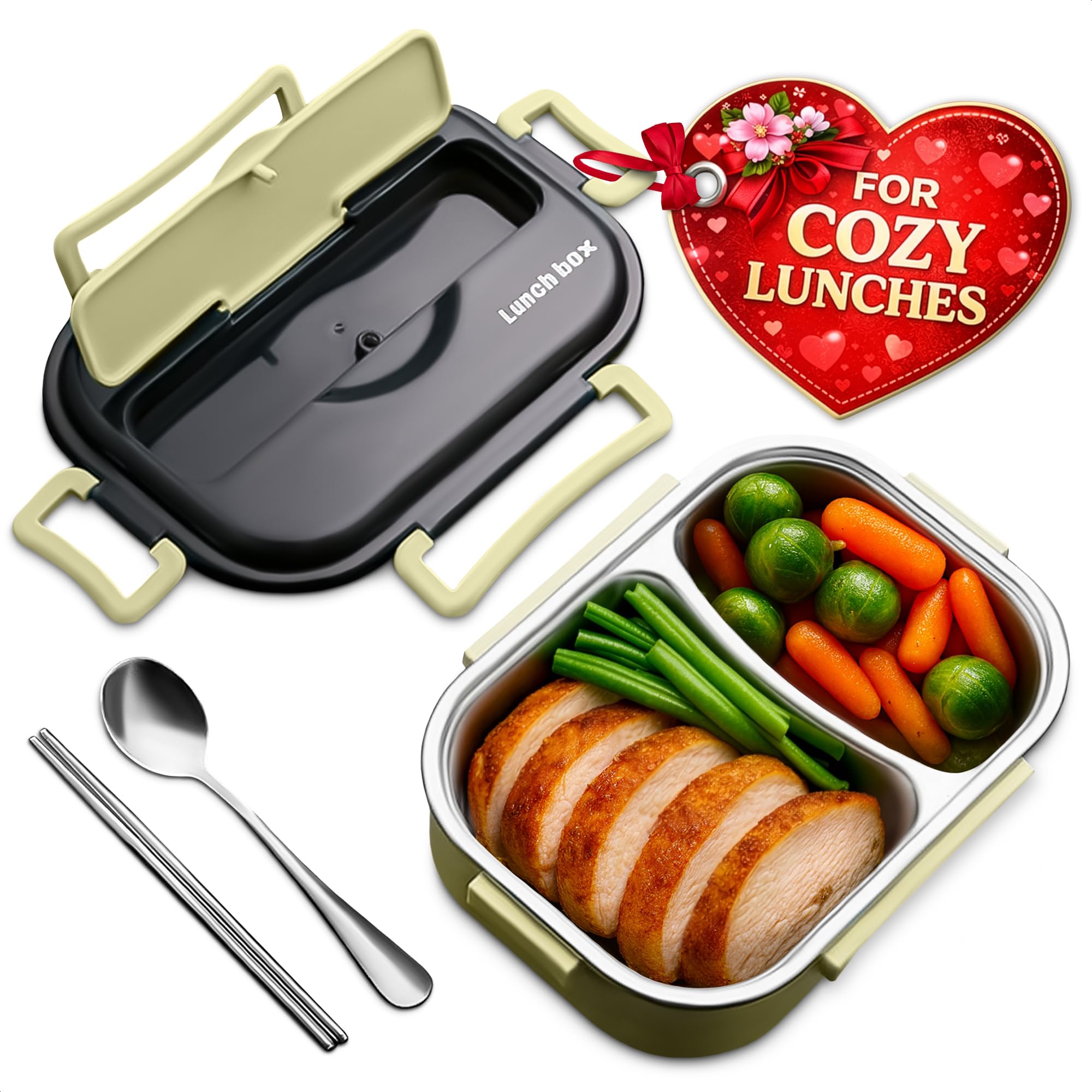Hot Meal Retaining Lunch Container - Hot Food Toper, Office Lunch Containers with Compartments, Stainless Steel & Durable Plastic, Easy Use & Clean, Cutlery Set Included, Great as Valentines Day Gift