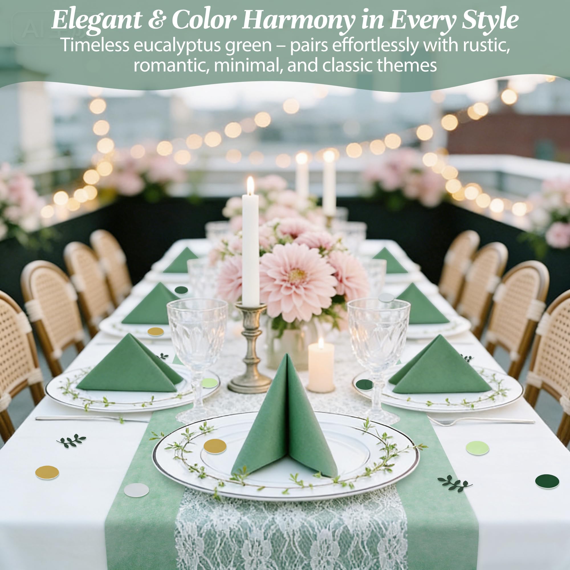 Set da tavolo Eucalipto verde eucalipto runner in tessuto non tessuto + nastro in pizzo bianco + 40 tovaglioli + 100 pezzi per comunione, battesimo, cresima, matrimonio, elegante
