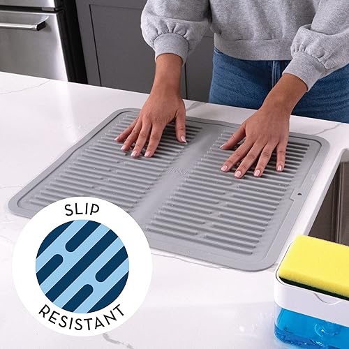 Miniatura 3 de S&T INC. Tapete de silicona para secar platos para encimera de cocina, 16 x 18 pulgadas, gris