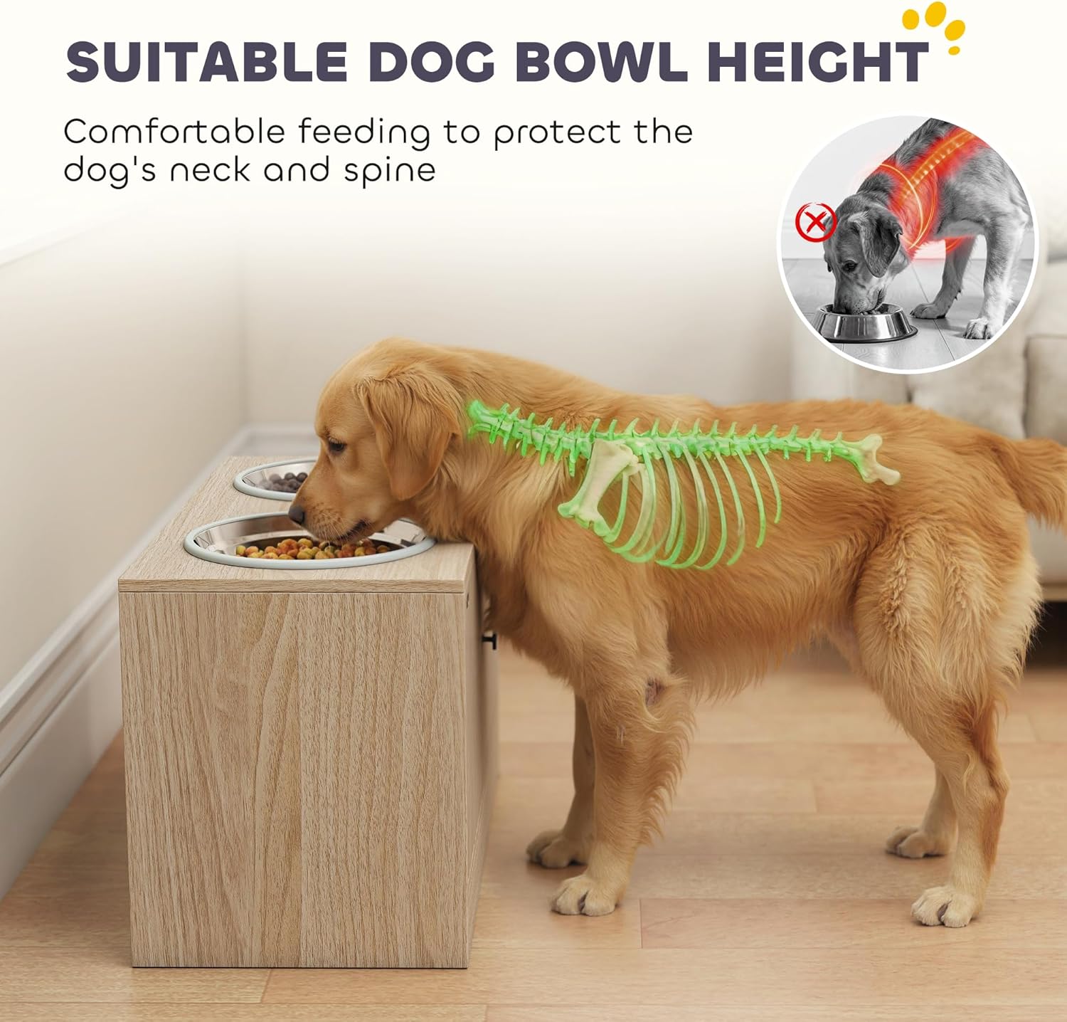 PawHut Elevated Dog Bowls with Storage Cabinet, Raised Dog Bowl Stand, Pet Feeding Station with Slow Feeder & Non-Slip, for Large Pets, Oak