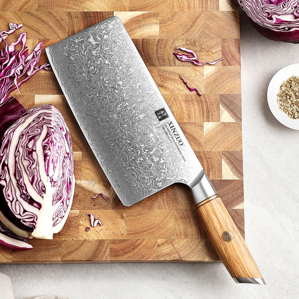 XINZUO Cleaver Knife 7.5 Inch, 73 Layer Damascus Steel Powder Steel Core Chinese Chef's Knife, Multifunction Vegetable Meat Slicing Knife with Olive Wood Handle -Lan Series — Amazon image 6