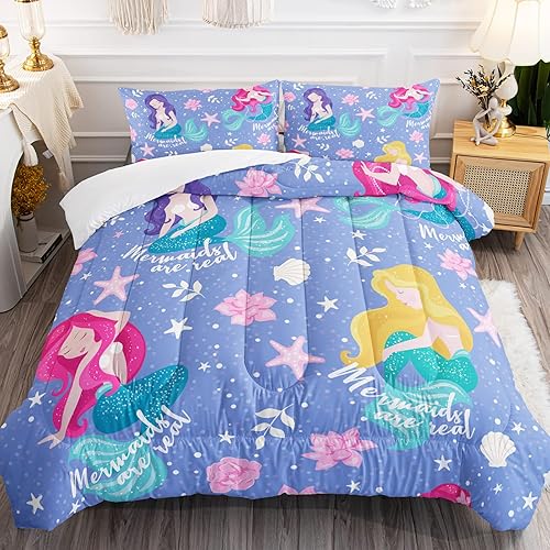 Miniatura 1 de Juego de edredón de sirenas de dibujos animados para niñas, tamaño individual, con temática de princesa, juego de ropa de cama con 1 edredón y 2