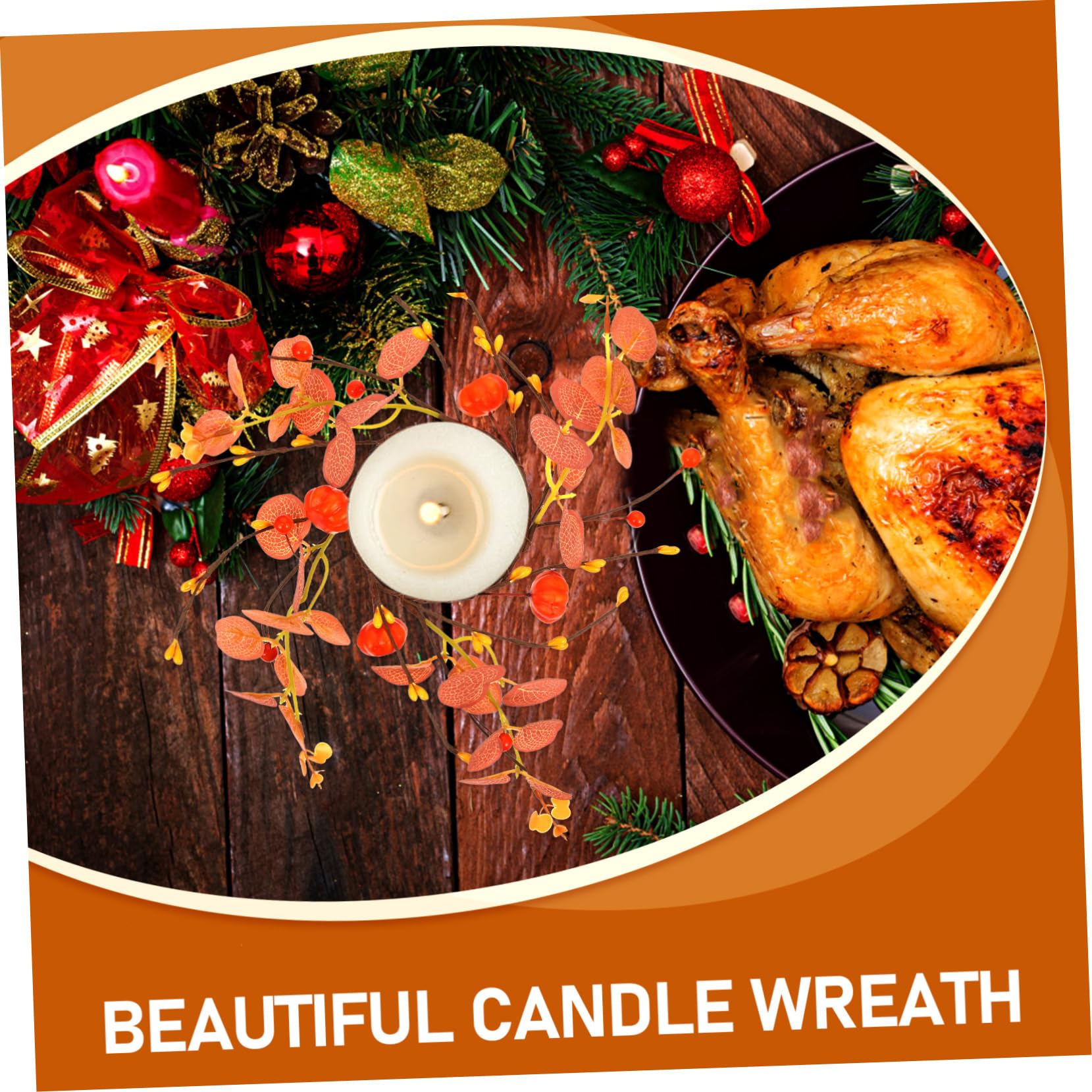 FUNOMOCYA Fall Artificial Pumpkin Candle Wreath Eucalyptus Leaf Candle Holder for Thanksgiving Table Centerpiece Realistic Design Easy to Place