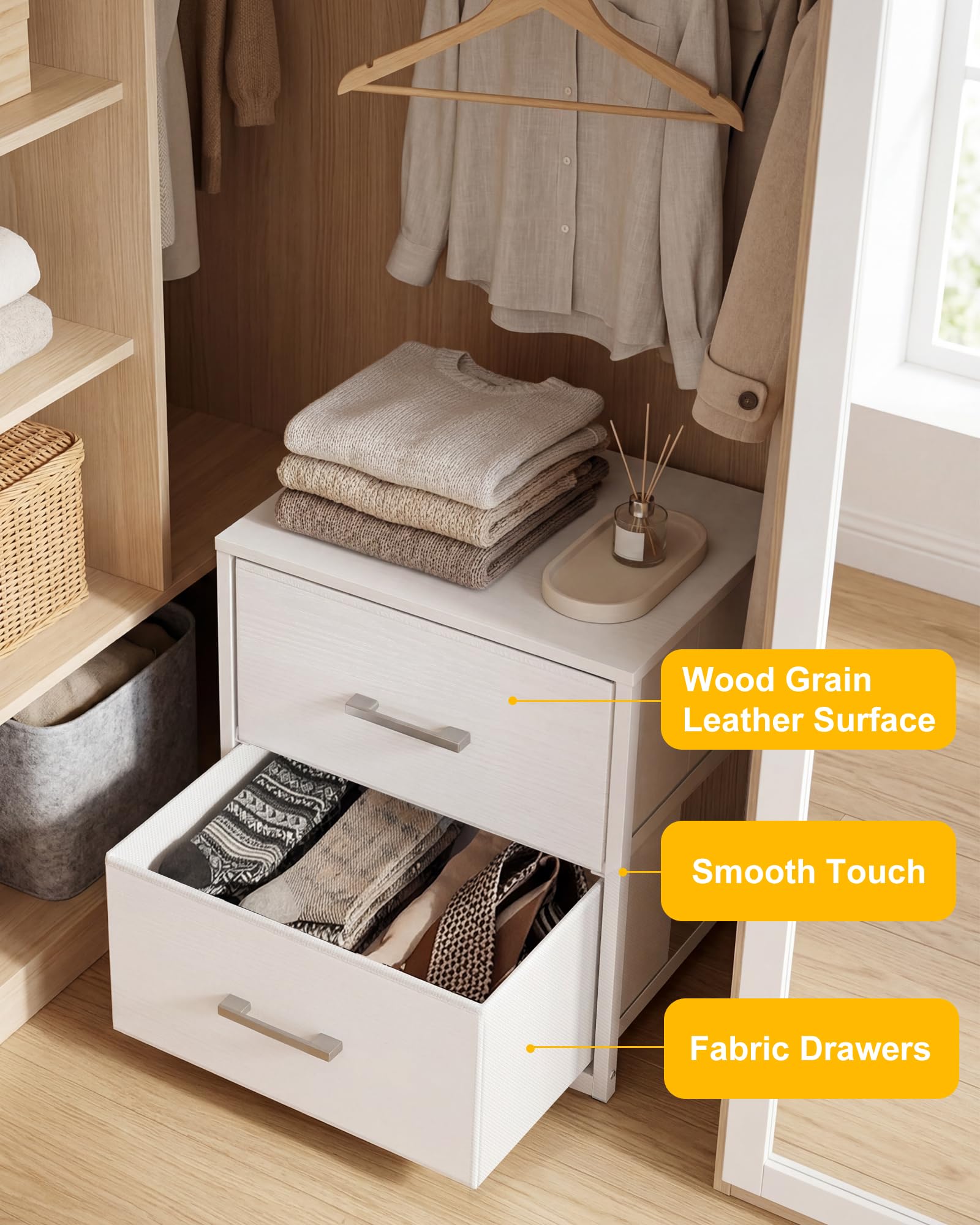Fixwal Schrankschubladen für Kleidung, Stoff, 2 Schubladen, Schrank-Organizer, Kommode für Schlafzimmer, weiß, 40 cm breit