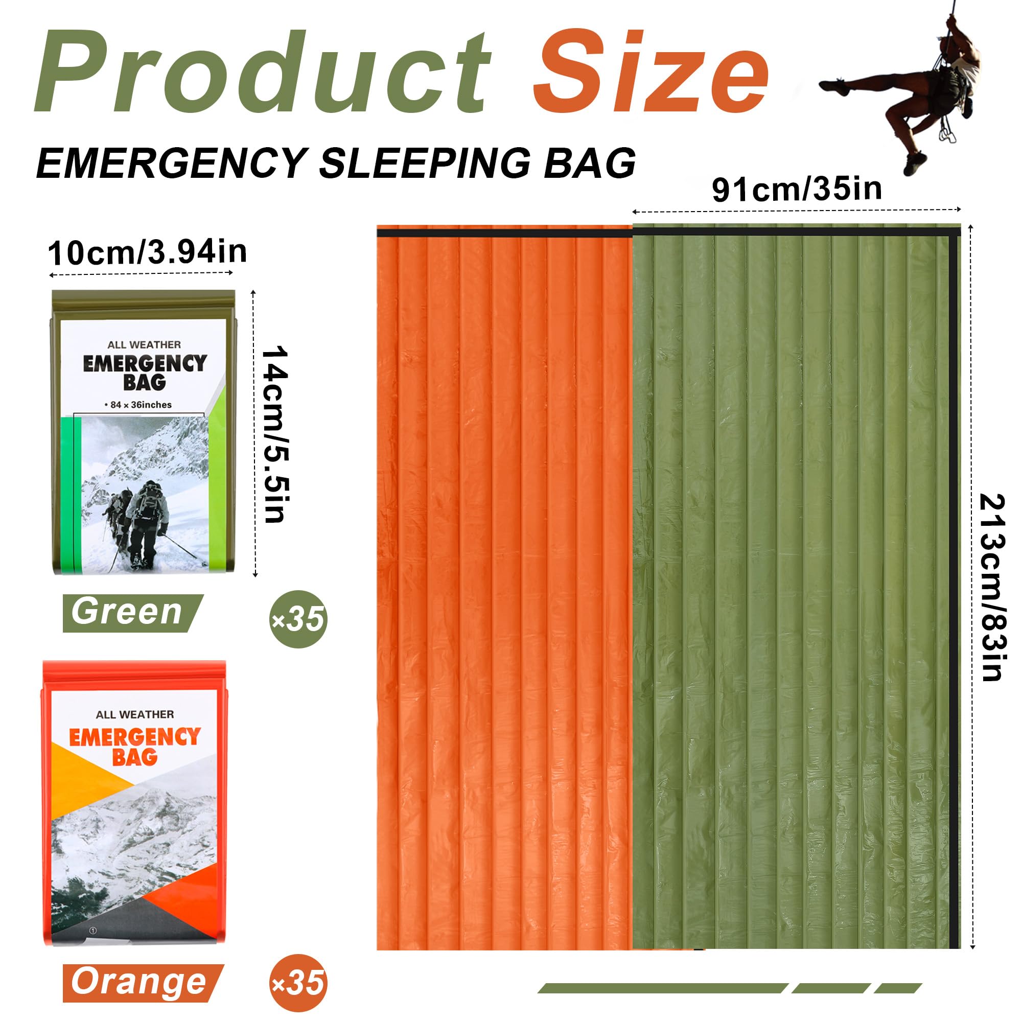 Preboun Notfall-Schlafsack, tragbar, leicht, Thermo-Schlafsack, wasserdicht, Notfalldecke, Überlebensausrüstung für Outdoor, Camping, Wandern, Obdachlose, Unterschlupf (Orange, Grün)