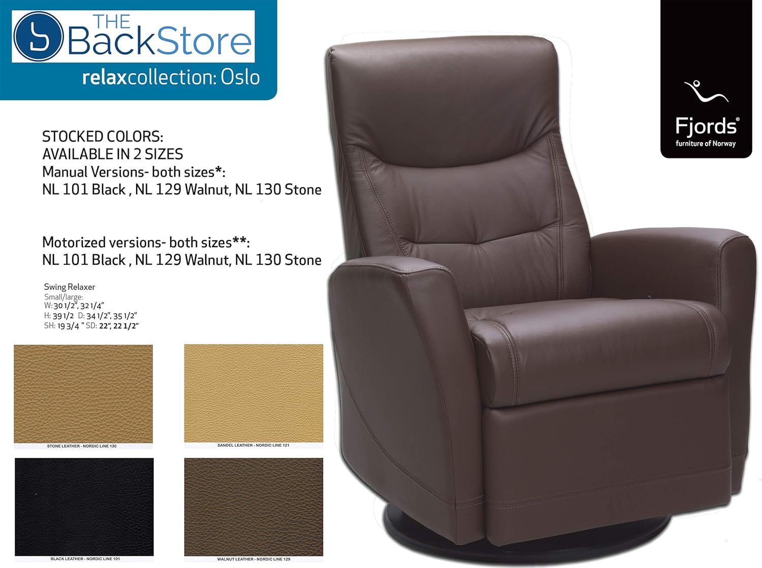 Fjords Oslo Recliner diagram with dimensions and color options