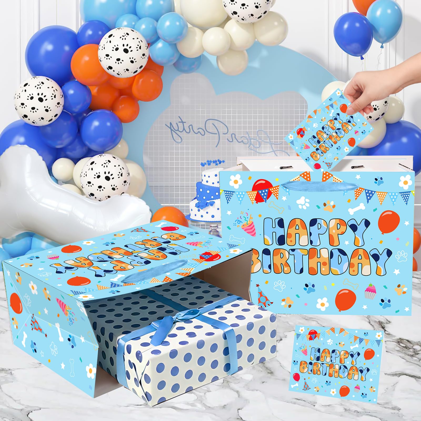 Cartoon Blue Dog Birthday Gift Bag with Wrapping Paper and Greeting Card Cute Blue and Orange Dog Gift Wrap Paper Bags Large Cartoon Birthday Party Favor Bags Decorations for Girls Boys Party Supplies