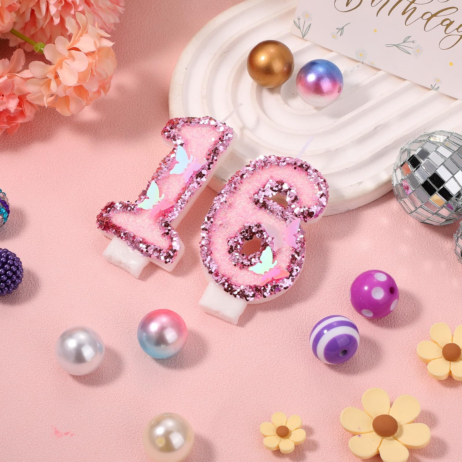 Pink Glitter Number Candles - 16 & 61 Birthday Cake Toppers For Party Decorations