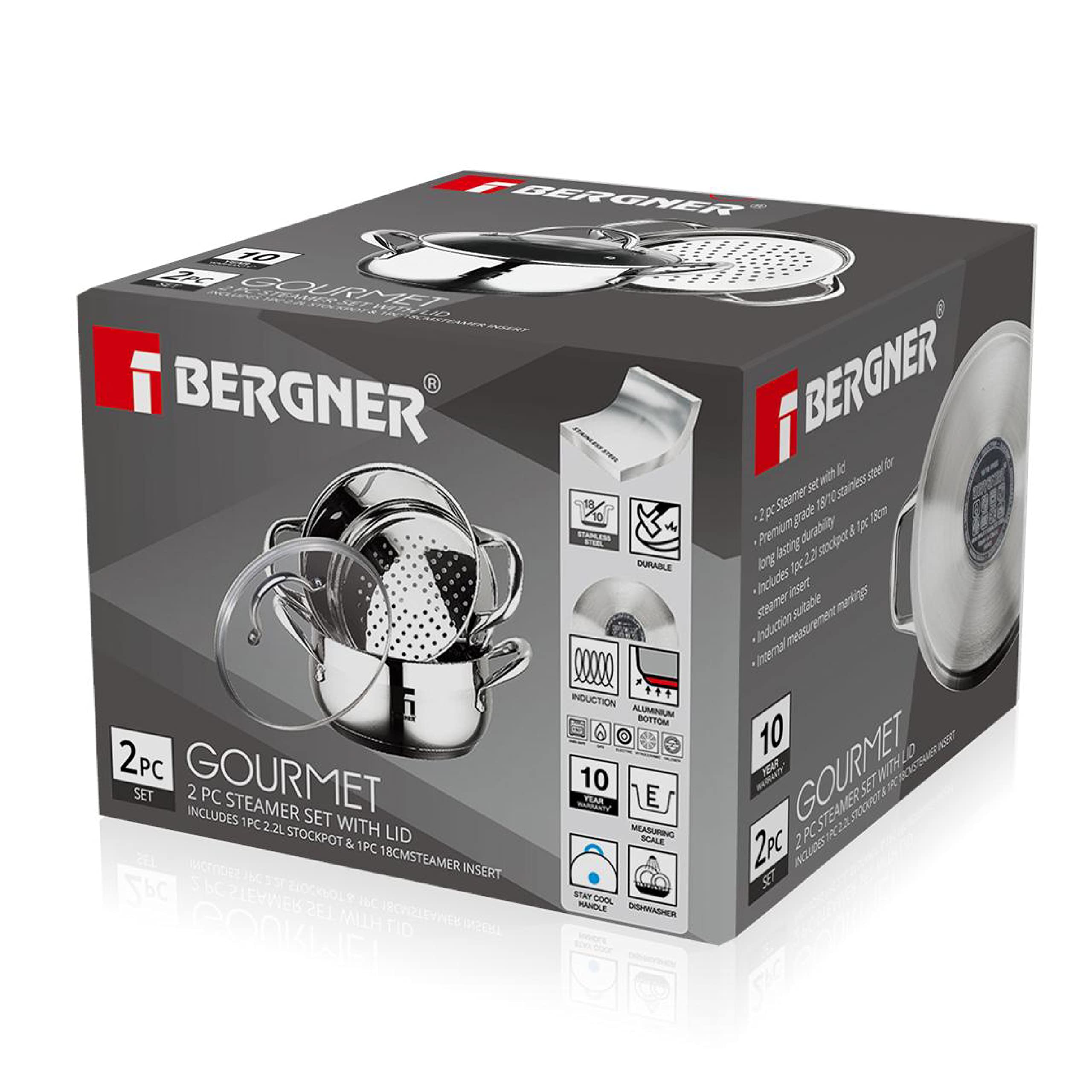 BERGNER Gourmet | Pentola da Cucina per Pasta | Casseruola con Coperchio, Bollitore e Capacità di 2,2L | Acciaio Inox | Molto Resistente, Pulizia Facile e Per Tutti i Piani Cottura