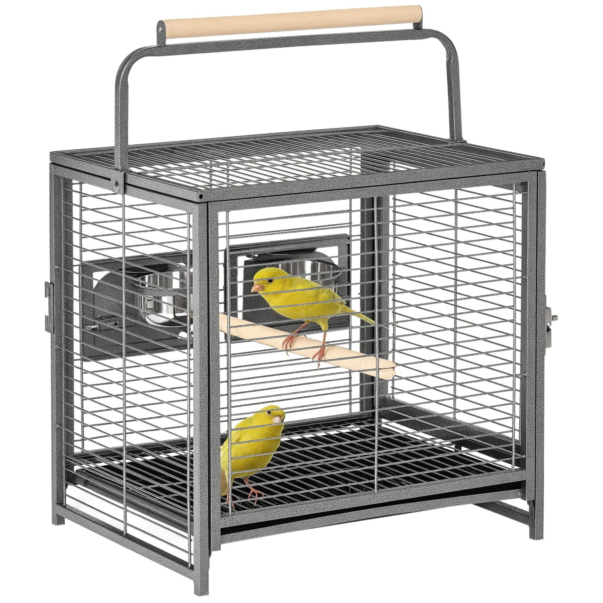 PawHut Cage de Transport en Acier pour Perroquets avec 2 Bols en Acier Inoxydable, 2 Perchoirs en Bois, Plateau Amovible, Noir