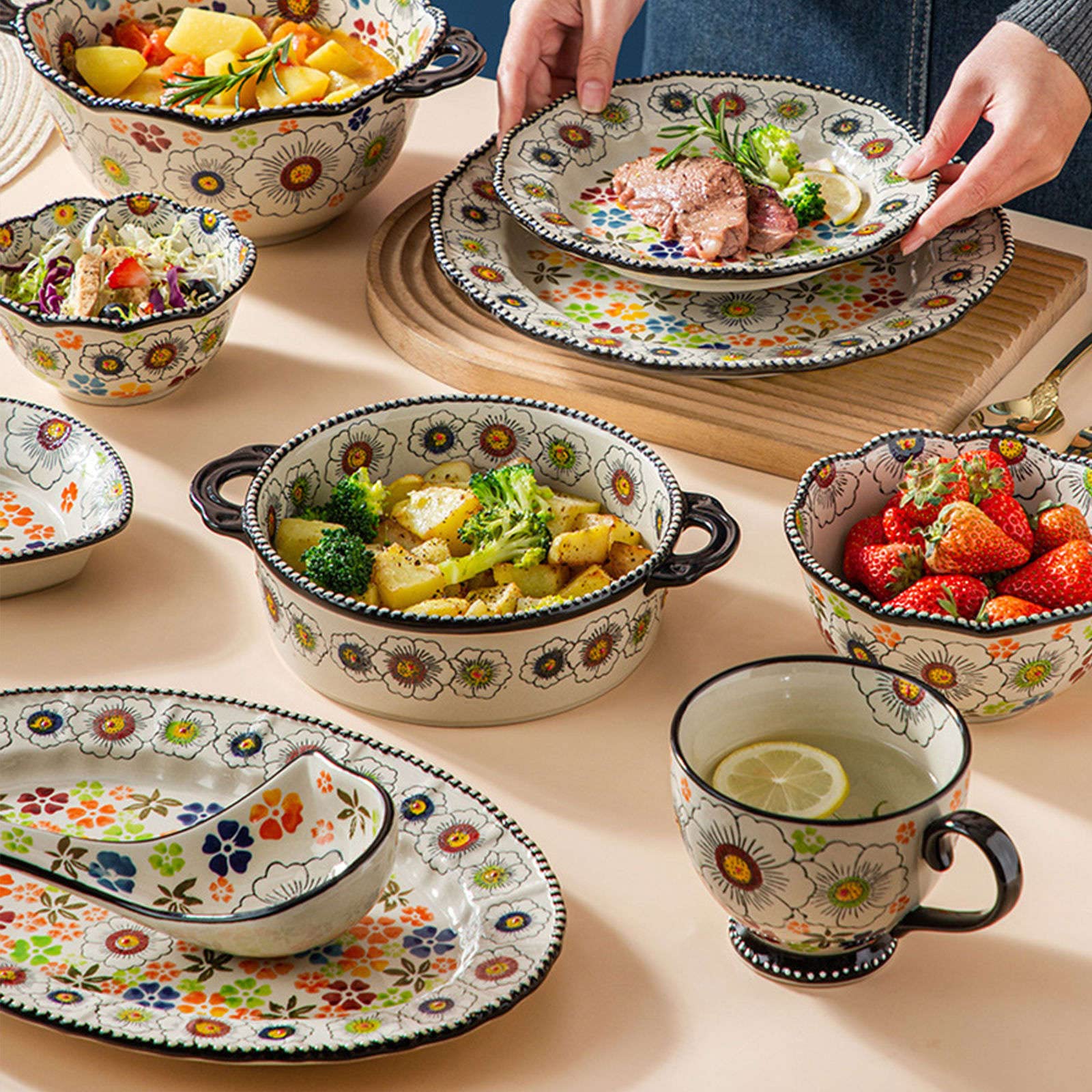 Ceramiczne naczynie do pieczenia do piekarnika, małe naczynie do zapiekania z uchwytami, piekarnik ceramiczny do pieczenia kolorowe kwiaty B-okrągłe 950 ml